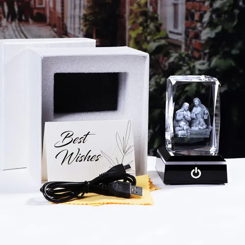 Vista 5 de YWHL Figuras de belén de cristal 3D con base colorida grabada con láser, estatuas de la Santa Familia para regalos religiosos para mujeres y hombres
