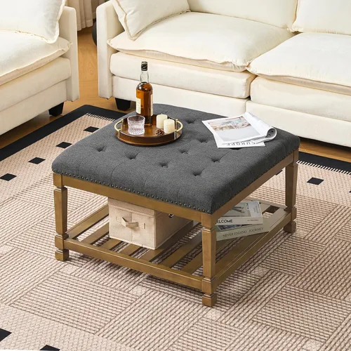 Vista 3 de Otomana con banco de almacenamiento, mesa de centro otomana de lino, gris oscuro Solid frame for added stability, 3.2-inch storage ottoman cushion