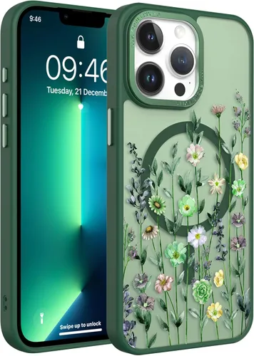 Vista 185 de Magnético para iPhone 13 con protector de pantalla [Compatible con MagSafe] Diseño de patrón floral de flores bonitas, funda delgada a prueba