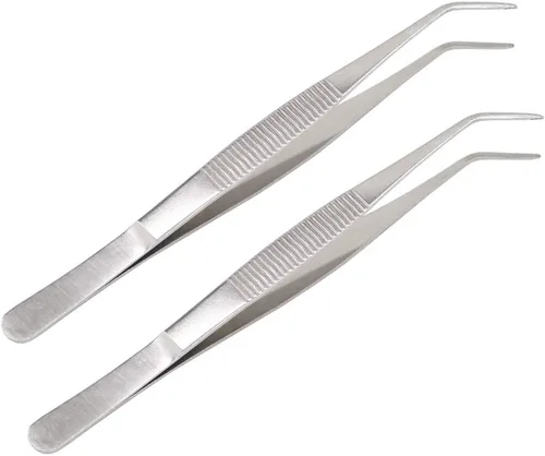 Vista 8 de Pinzas de acero inoxidable de 5 pulgadas con punta dentada curvada, pinzas multiusos para reparación de manualidades, paquete de 2