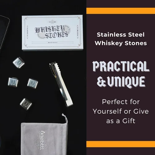 Vista 4 de Juego de regalos de piedras de whisky con inicial para hombres y mujeres, 4 piezas de rocas de whisky de acero inoxidable con bolsa y pinzas, cubos