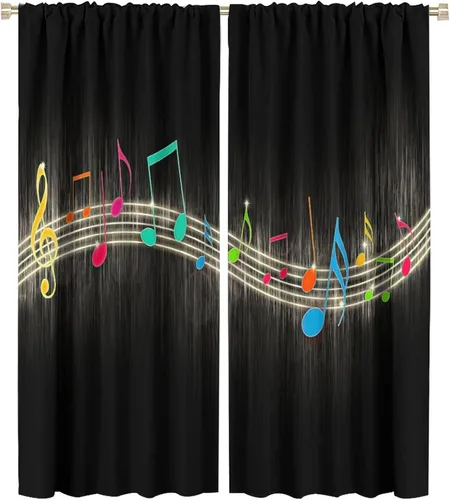 Vista 22 de Cortinas de notas musicales, blanco y negro, instrumento musical, canción, arte de canción, opacas, para ventana, dormitorio, sala de estar