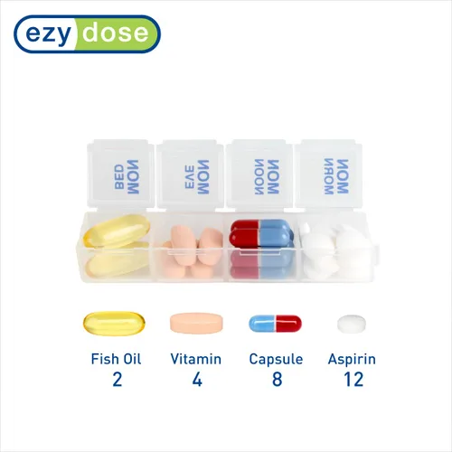 Vista 3 de EZY DOSE Semanal (7 días) 4 veces al día, organizador de pastillas con botón pulsador y planificador de vitaminas, pastilleros diarios extraíbles