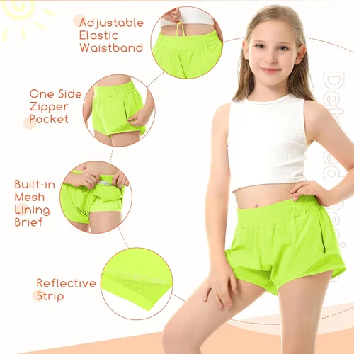 Vista 3 de Pantalones cortos deportivos para niñas, de secado rápido, con bolsillo con cremallera, para adolescentes y niños, pantalones cortos deportivos