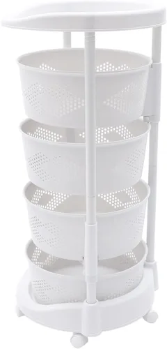 Vista 7 de Cesta giratoria de almacenamiento de frutas de 4 niveles, estante de almacenamiento giratorio para cocina, cesta de frutas con ruedas para frutas