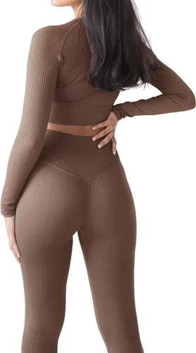Vista 3 de Jetjoy Exercise Outfits for Women 2 Pieces Ribbed Seamless Yoga Outfits Sports Bra and Leggings Set Tracksuits 2 Piece