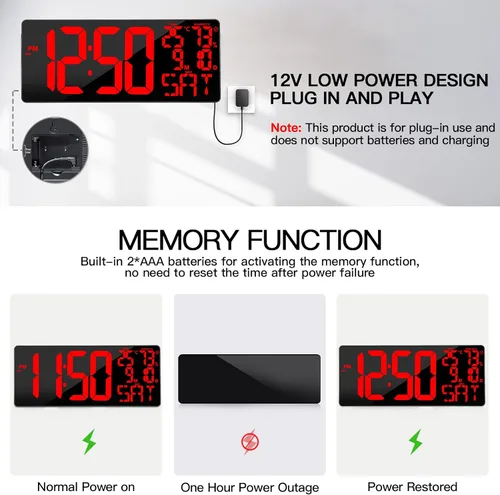 Vista 5 de [De gran tamaño] Reloj de pared digital grande de 18 pulgadas con control remoto, pantalla de reloj digital con atenuación automática