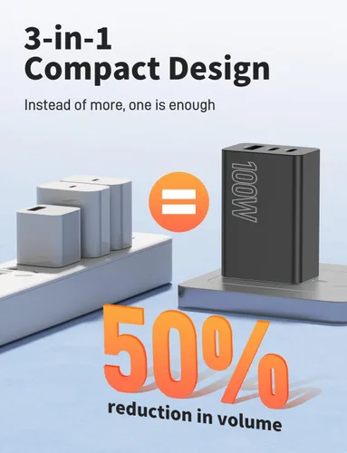 Vista 4 de Paquete de 2 bloques de cargador USB C de 100 W, adaptador de pared de Negro