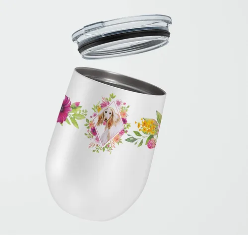 Vista 2 de Caroline's Treasures CK4110TBL12 Afghan Hound Pink Flowers - Vaso de vino aislado de acero inoxidable de 12 onzas con tapa, bonita taza de viaje