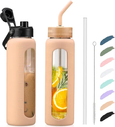 Vista 31 de Botella de agua Kodrine con pajita, botella de vidrio de 24 oz con 2 tapas, una de pajita de bambú y otra con pico y asa, botella de vidrio