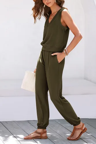 Vista 3 de PRETTYGARDEN Conjunto deportivo de verano de 2 piezas para mujer, con cuello en V, camiseta sin mangas, pantalones deportivos, casuales