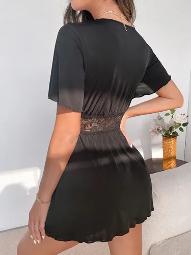 Vista 2 de Floerns Camisón de manga corta con cuello en V y encaje completo para mujer