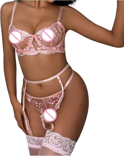 Vista 6 de Lencería sexy para mujer, ropa interior erótica, juego de tres piezas, bordado floral, sello de cintura de acero para el sexo y juego travieso