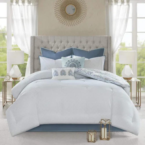 Vista 12 de Madison Park Juego de temporada, falda de cama a juego, almohadas decorativas, Queen (90 x 90 pulgadas), Isla, medallón floral azul, 8 piezas