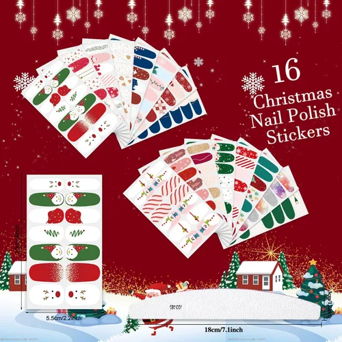 Vista 2 de 16 hojas de tiras de esmalte de uñas de Navidad, autoadhesivas, luces de árbol de Navidad, copo de nieve, muñeco de nieve, calcomanías de uñas
