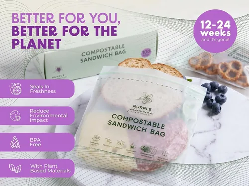 Vista 2 de Bolsas de almacenamiento de alimentos 100% compostables resellables (100 cremalleras ecológicas), a base de plantas, a prueba de fugas, duraderas
