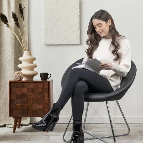 Vista 4 de Milliard Silla de cuero circular para sala de estar, cocina, oficina en casa y dormitorio, silla de comedor moderna con patas cromadas (negro)