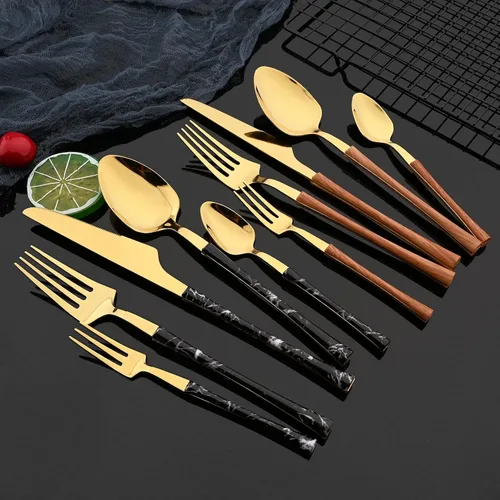 Vista 8 de JASHII Juego de cubiertos de acero inoxidable con textura de mármol, 24 piezas, tenedor de cuchillo, cuchara de té, cubiertos plateados para 6