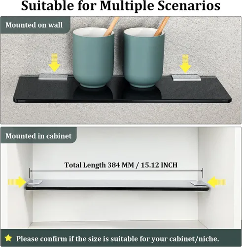 Vista 4 de SAYAYO Estantes flotantes de vidrio para baño, estante de vidrio templado para pared de 15 x 5 pulgadas, 1 unidad, color negro
