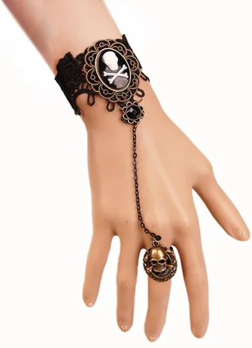 Vista 4 de BESTOYARD Pulsera de Halloween con Anillo Retro Skeleton Calavera Mujer Halloween Accesorio