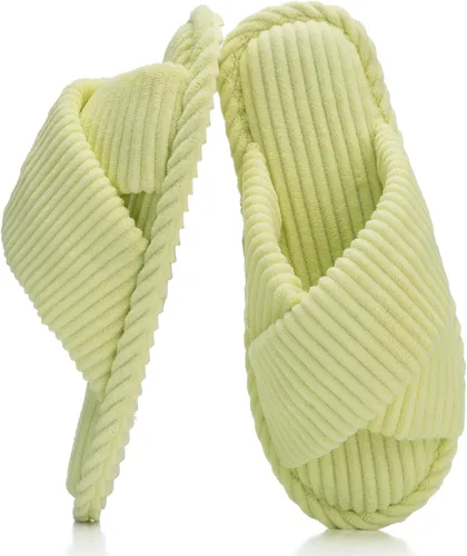 Vista 27 de GOEWY - Pantuflas para mujer con espuma viscoelástica para el hogar, con entretejido de pana, tiras cruzadas, con punta abierta, sandalias cómodas