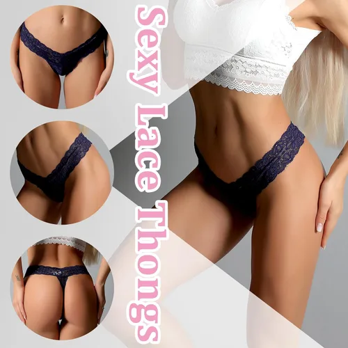 Vista 2 de Cinvik Tangas de encaje para mujer, con espalda en T, sexy, sin costuras, tanga, de talle bajo, en forma de V, calzones de encaje huecos