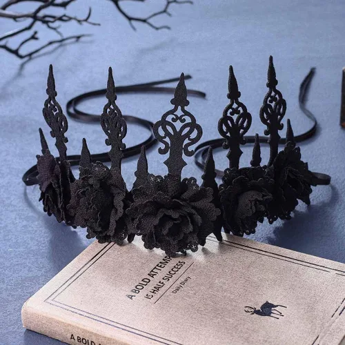 Vista 3 de BARTOSI Diadema de Halloween, tocado gótico floral, diadema de flores de rosas negras, disfraz de Halloween, cosplay, fiesta, festival, accesorios