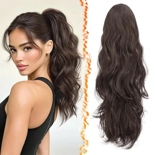 Vista 26 de BARSDAR Extensiones de cola de caballo con clip de garra, extensiones de cabello corto ondulado negro de 14 pulgadas para mujer, extensiones