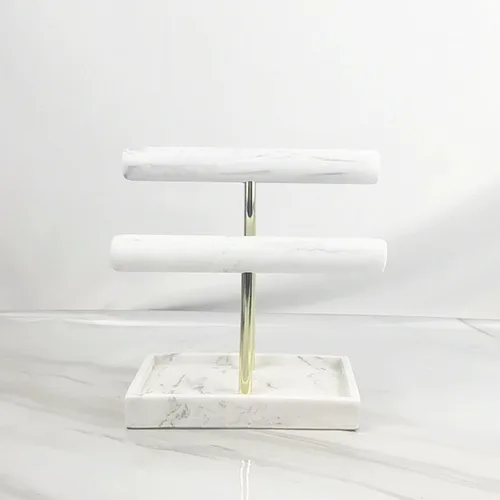 Vista 5 de Soporte para pulsera de 2 niveles, exhibición de joyas, soporte de joyería marmolado, organizador de barra en T, soporte de reloj para organización