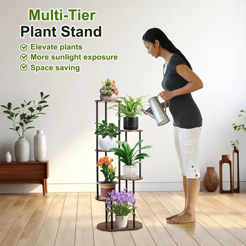 Vista 3 de Soporte para plantas de interior – Soporte para plantas de 6 niveles para 7 macetas, estante para plantas de flores, estante grande de madera
