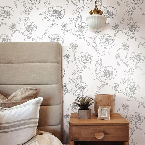 Vista 2 de Tempaper Papel tapiz floral extraíble con despegar y pegar de peonías metálicas en blanco y negro, 20.5 pulgadas x 16.5 pies, fabricado