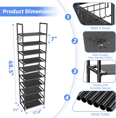 Vista 2 de Simple Trending Zapatero para armario, estante estrecho de 10 niveles con capacidad para 20 pares, organizador de zapatos con ganchos, color negro