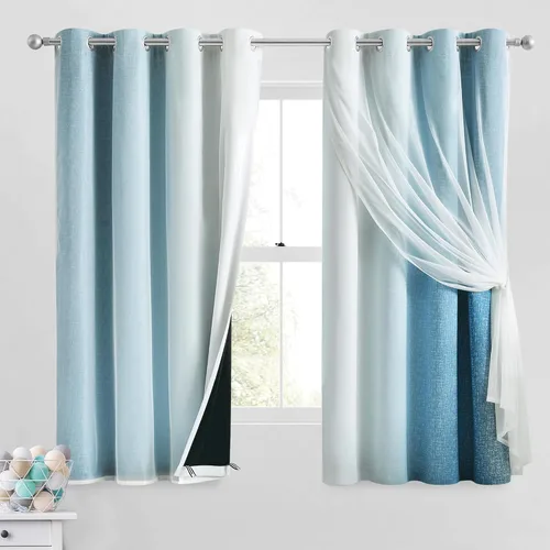 Vista 24 de Cortinas 100% opacas con superposición de gasa Mix and Match de doble capa, 54 pulgadas de largo, 2 paneles para dormitorio y sala de estar, azul