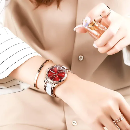 Vista 7 de Reloj automático de cerámica de acero inoxidable para mujer reloj mecánico de 984ft impermeable oro rosa elegante para mujer esfera de concha