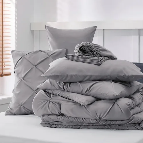 Vista 6 de Bedsure - Juego de edredón tamaño individual gris - Ropa de cama tamaño individual en una bolsa de 5 piezas, juego de cama Pintuck GentleSoft™