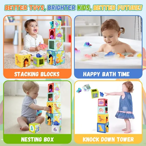 Vista 5 de KMTJT Juguetes de clasificación y apilamiento de dinosaurios para niños pequeños y bebés, bloques para niños de 1 a 3 años, juguetes Montessori