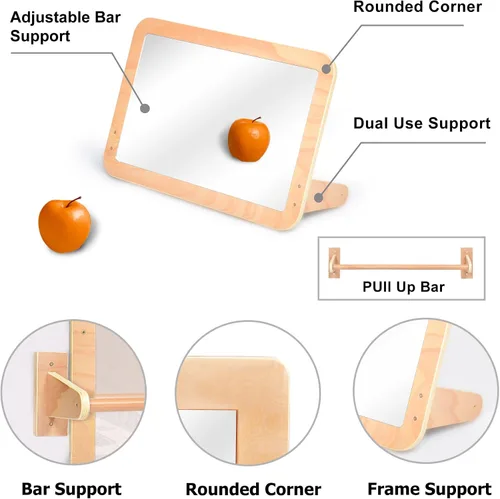 Vista 8 de Montessori Baby Espejo de seguridad inastillable 2 en 1 con barra de dominadas, montaje en pared infantil y juego en el suelo para el tiempo boca