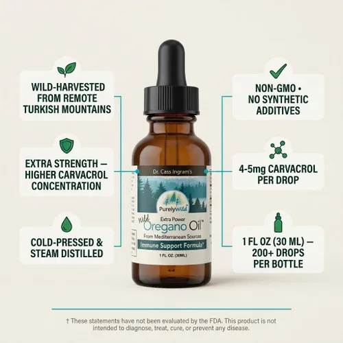 Vista 2 de PURELY WILD Extra Power - Gotas líquidas de aceite de orégano – Fórmula mediterránea cosechada silvestre del Dr. Cass Ingram – Vulgare de Origanum