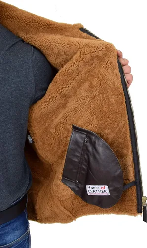 Vista 6 de Chaqueta voladora de piel de oveja real para hombre, con capucha, color marrón, pelirroja, piloto B3, aviador, bombardero Hawker