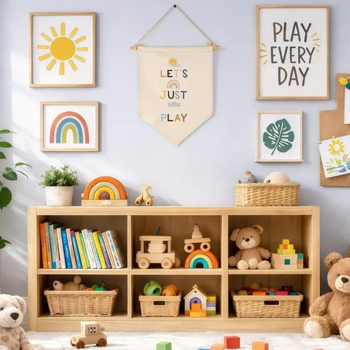 Vista 7 de Let's Just Play - Letrero colgante de lona para pared, regalo para bebés, niños, habitación de niños, sala de juegos, sol, arcoíris, nubes oscuras