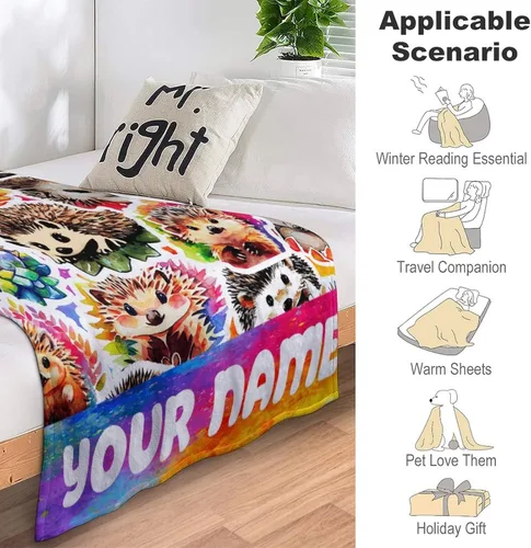 Vista 7 de Manta de erizo personalizada con nombre, 80 x 60 pulgadas, bonita manta para niñas, niños, mantas coloridas y suaves para cama, sofá y viajes Erizo
