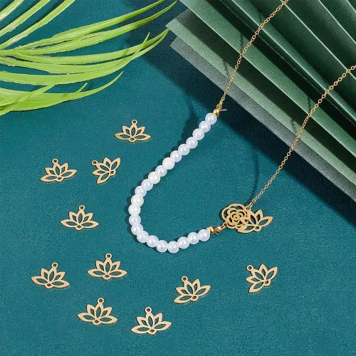 Vista 2 de UNICRAFTALE 20pcs 0.063 in agujero 201 colgantes de acero inoxidable Lotus Flower Charm Flat Hollow Links Yoga Charm Metal Laser Cut Blossom Cut Out