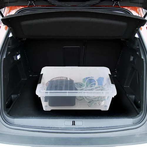 Vista 5 de Juego de 4 contenedores apilables de plástico transparente para debajo de la cama con tapa, 20 cuartos de galón Latch storage container, slim 5.98