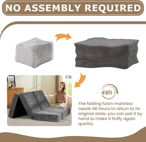 Vista 8 de Colchón de tres pliegues de 6 pulgadas, tamaño individual, sofá cama plegable con funda extraíble lavable, colchón plegable de espuma de alta Beige