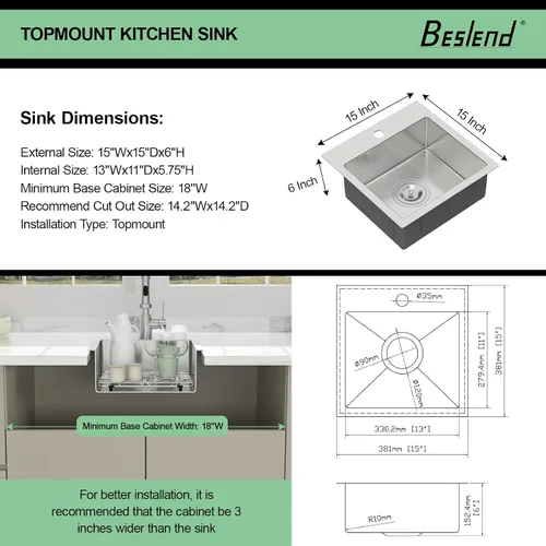 Vista 9 de Fregadero de cocina para exteriores 15 x 15 pulgadas, fregadero de bar de 15 x 15 pulgadas, fregaderos de cocina de acero inoxidable de calibre 16