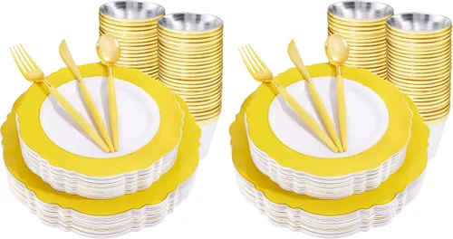 Vista 10 de WDF 30 Invitados - Platos de plástico negro y dorado, platos de Año Nuevo, cubiertos de plástico dorado con mango negro, vajilla desechable barroca