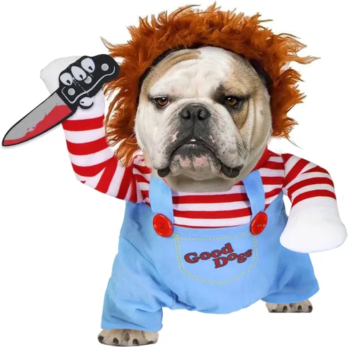 Vista 8 de GOYOSWA Disfraz de Halloween para perro, muñeca mortal para perro, disfraz divertido para perro, ropa de disfraz de Halloween para perros pequeños