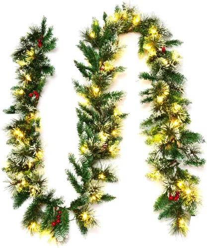 Vista 12 de Goplus - Guirnalda de Navidad preiluminada de 2,7 m, guirnalda artificial con luces, funciona con baterías, con 140 PVC y agujas de pino, conos