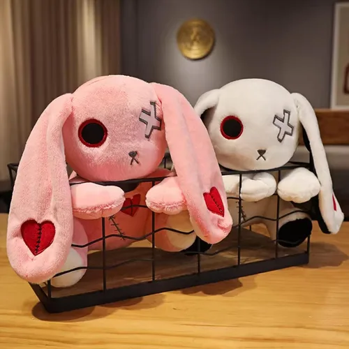 Vista 4 de Muñeca de conejo de peluche, juguete de peluche loco, animal de peluche de conejo aterrador de Halloween con orejas largas de pie, adecuado
