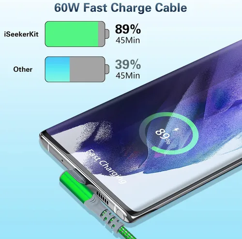 Vista 3 de Paquete de 5 cables USB C a USB C de 10 pies en ángulo recto USB C extra largo de 60 W/3A tipo C a tipo C, cable de carga rápida compatible